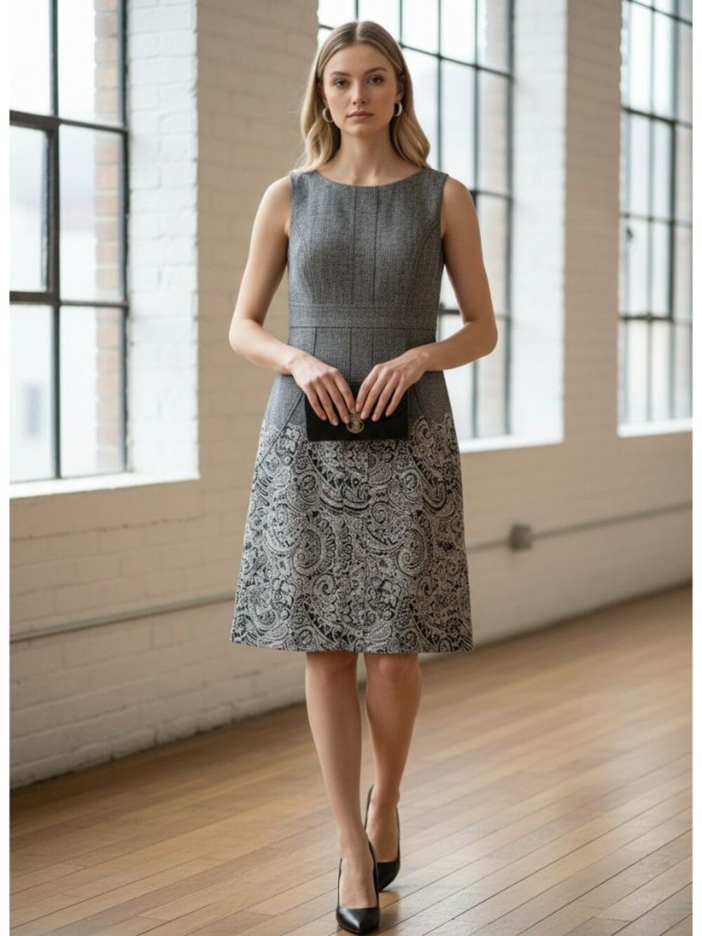 Kelly & Diane Womens 10 Gray Sleeveless Dress Paisley Print Hem Polyester Blend